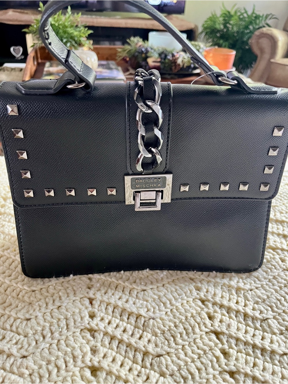 Badgley Mischka Black Studded Chain-Accent Satchel